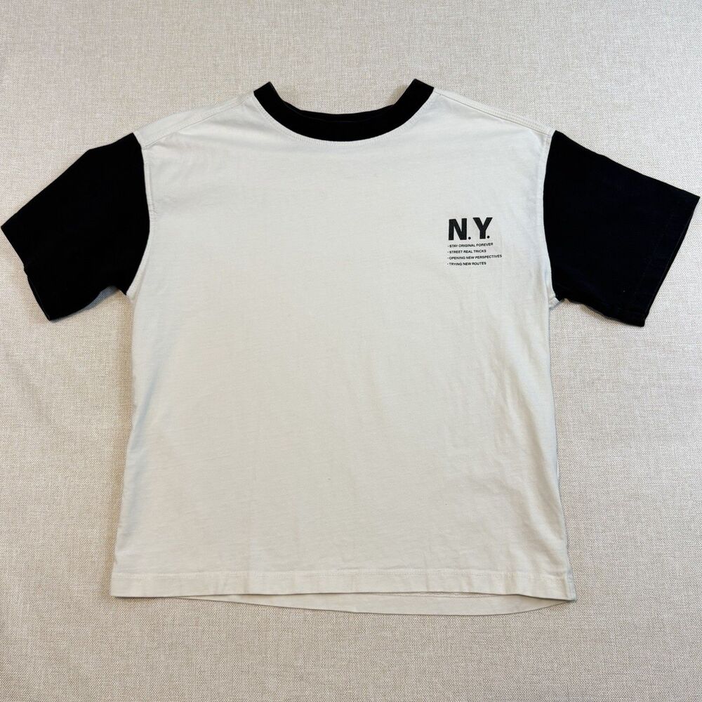 Zara Boys 9-10 140 NY Graphic T Shirt Black White Colorblock Short Sleeve